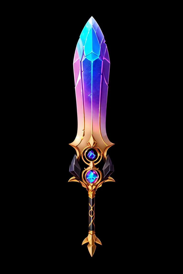 (Black background, no background, focus on object, black, concept art:1.2), game art of a crystal cleaver, (cleaver), gold and iridescent hilt , arcane engravings, kaleidoscope of vibrant colors, made of crystals, <lora:Pecha_Swords_LORA_V1.2:0.7> <lora:add_detail:0.3> <lora:hipoly3DModelLora_v10:0.05>