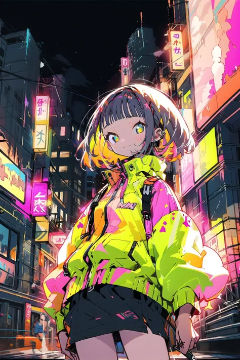 masterpiece, best quality, 1girl, city pop, night, neon light, looking at another, upper body, vector illustration, jacket, light smile, blunt bangs, long hair <lora:swatchescyber:1>