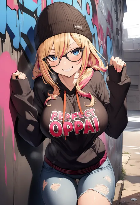 1girl, solo, blonde hair, pink hair, long hair, streaked hair, multicolored hair, blue eyes, eyeliner, glasses, black-framed eyewear, beanie, hoodie, sleeves past wrists, clothes writing, text "OPPAI", large breasts, jeans, torn jeans, thighs, looking at viewer, smug, grin, against wall, graffiti, (masterpiece), (best quality), (ultra-detailed), very aesthetic, illustration, perfect composition, intricate details, absurdres, <lora:belko-XL-v31-ep20:0.8>