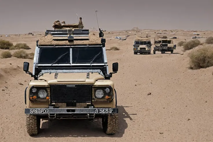 <lora:Snatch_Land_Rover:0.8> snatch, land rover, driving in the desert, sand, dust, big sand cloud,