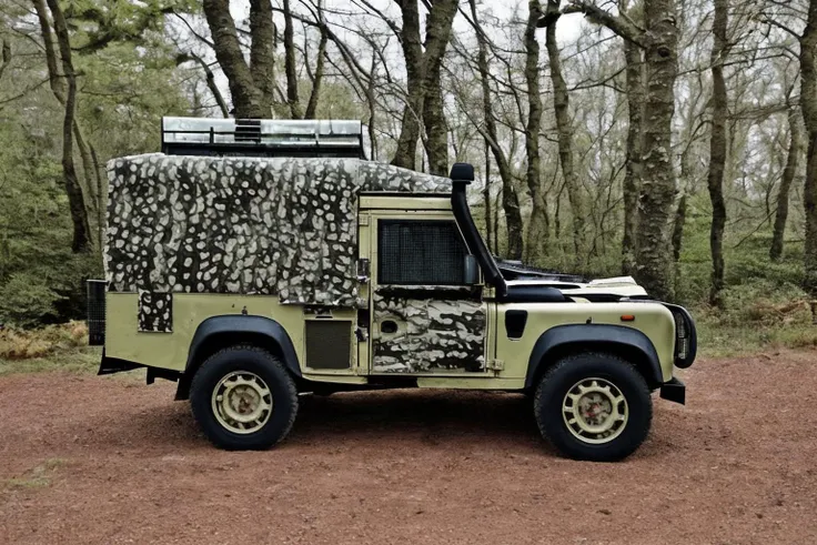 <lora:Snatch_Land_Rover:1> snatch, land rover, in the forrest, camouflage