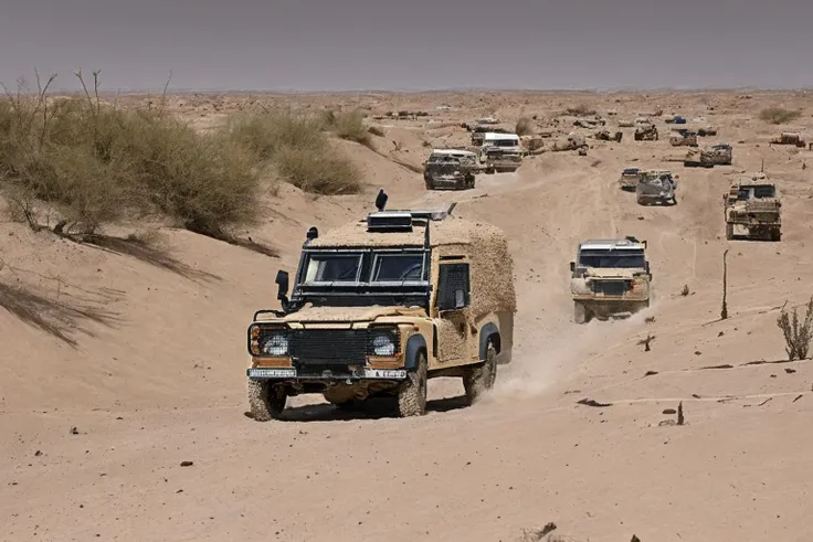 <lora:Snatch_Land_Rover:0.8> snatch, land rover, driving in the desert, sand, dust, big sand cloud,