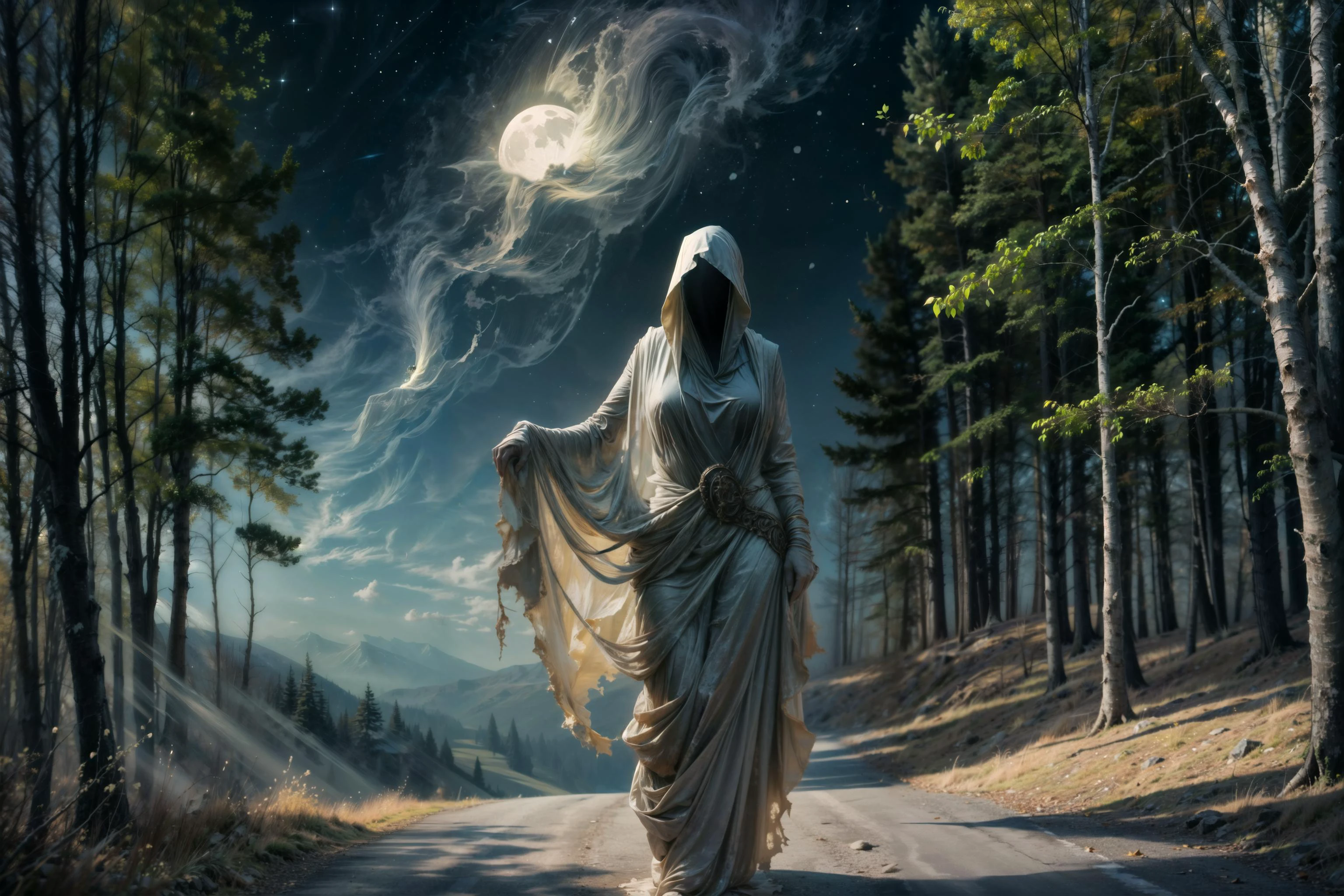 ultra high res, beautiful, visually stunning, elegant, incredible details, award-winning art, <lora:g0s1 - Ghost:0.7>, g0s1, ghost,hood,torn cloak, faceless, nature, forest, night, fog, night sky, 1girl, solo, medium breasts, no humans, (floating, seductive pose:1.1), ((best quality)), ((masterpiece)), (detailed), <lora:add_detail:1>,