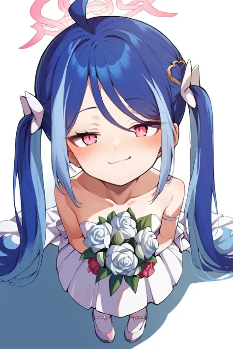 sscore_9, score_8_up,score_7_up,source_anime,BREAK <lora:Konnyaku_Style_for_Pony_Commission:1> <lora:fubuki_blue archive_PONY_last:0.9>fubuki \(blue archive\), pink eyes,blue hair,twintails,hair ornament,ahoge,halo,bride dress,white dress,holding bouquet,from above,marriage,wedding dress,pure white dress,standing,blush,smug,best quality,