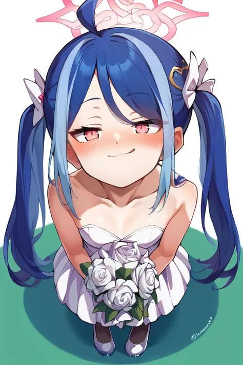 sscore_9, score_8_up,score_7_up,source_anime,BREAK  <lora:Konnyaku_Style_for_Pony_Commission:1>  <lora:fubuki_blue archive_PONY_last:0.9>fubuki \(blue archive\), pink eyes,blue hair,twintails,hair ornament,ahoge,halo,bride dress,white dress,holding bouquet,from above,marriage,wedding dress,pure white dress,standing,blush,smug,best quality,
