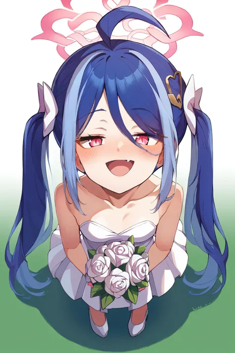 sscore_9, score_8_up,score_7_up,source_anime,BREAK <lora:Konnyaku_Style_for_Pony_Commission:1> <lora:fubuki_blue archive_PONY_last:0.9>fubuki \(blue archive\), pink eyes,blue hair,twintails,hair ornament,ahoge,halo,bride dress,white dress,holding bouquet,from above,marriage,wedding dress,pure white dress,standing,blush,smug,best quality,