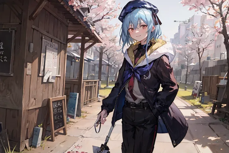 1boy, solo, teenage, portrait, looking at viewer, school uniform, suit, handbag, long black coat, beret, Mizuki, (red tie:1.5), short hair, ligth blue hair, smile, closed mouth, hand in pocket, spring, (sunny day:1.2), sakura blossoms, sakura, floating flowers, falling flowers, rock road, moss, tree shade, school, gate, Mizuki, walking, depth of field,