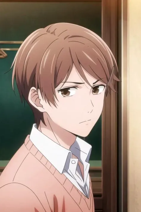 masterpiece, best quality, , 1boy, solo, male focus, looking at viewer, upper body, , <lora:mitsuru_fukushige:0.74>, mitsuru_fukushige, brown hair, brown eyes