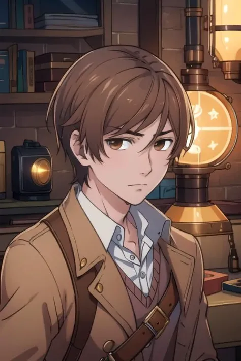 Brown-haired man、age 40s、wearing lab coat、Wearing black underwear、biologist、Refreshing smile、You are in a creepy laboratory in a dimly lit basement、mad scientist、There are a lot of culture capsules、