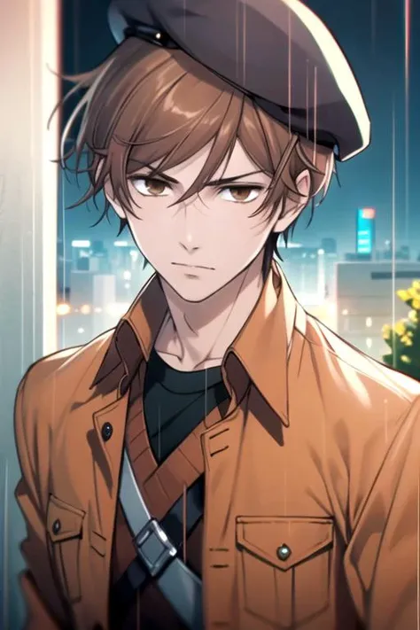 masterpiece, best quality, game cg, 1boy, solo, male focus, looking at viewer, upper body, depth of field, <lora:mitsuru_fukushige:0.74>, mitsuru_fukushige, brown hair, brown eyes, raincoat, beret, , HD
