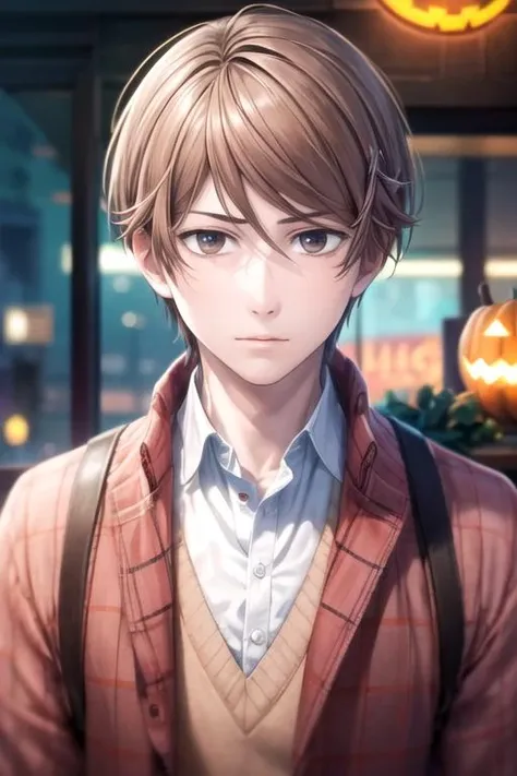 masterpiece, best quality, photorealistic, 1boy, solo, male focus, looking at viewer, upper body, depth of field, <lora:mitsuru_fukushige:0.70>, mitsuru_fukushige, brown hair, brown eyes, halloween costume, science fiction transhumanism,