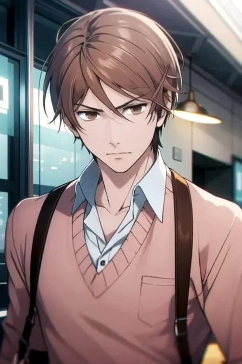 masterpiece, best quality, wallpaper, 1boy, solo, male focus, looking at viewer, upper body, , <lora:mitsuru_fukushige:0.74>, mitsuru_fukushige, brown hair, brown eyes, , , time travel,