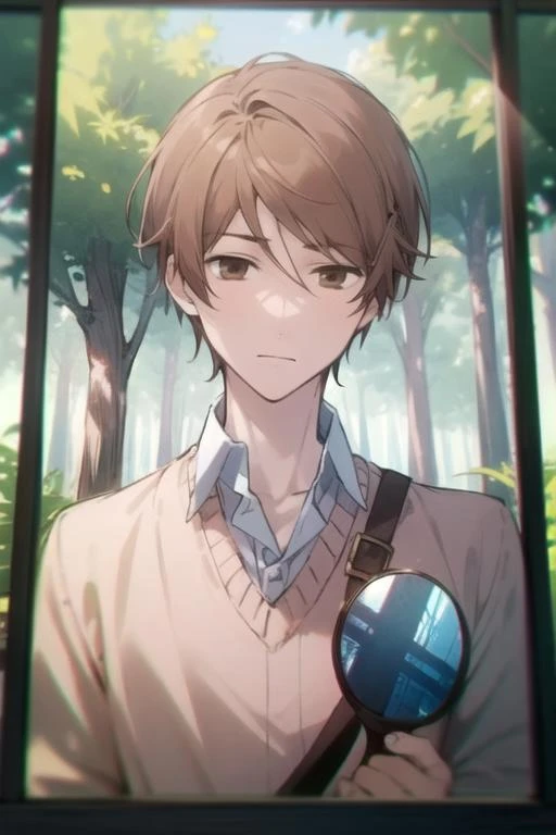 masterpiece, best quality, sketch, 1boy, solo, male focus, looking at viewer, upper body, , <lora:mitsuru_fukushige:0.66>, mitsuru_fukushige, brown hair, brown eyes, , The Forest of Mirrors: A place where reality is distorted and nothing is as it seems,