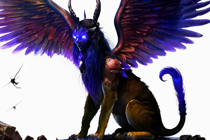 solo sphinx sitting, 8k resolution, (detailed glowing eyes), (from_front:1.5), full body, claws, sfw, color, masterpiece, epic, long flowing hair, large feathered wings on back