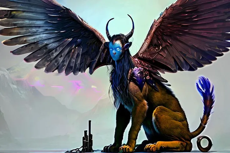 solo sphinx sitting, 8k resolution, (detailed glowing eyes), (from_front:1.5), full body, claws, sfw, color, masterpiece, epic, long flowing hair, large feathered wings on back