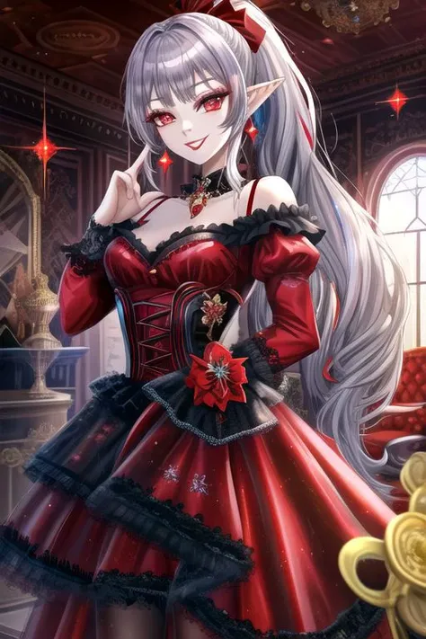 (half body, cowboy shot:1.2), professional image of a cute vampire girl, (frilly elegant satin vampire dress, vampire brooch, vampire earrings, vampire accessories),
(vampire wings:1.1), (hair, ponytail, hair above cheeks, grey hair with red hairtips, gradient hair, multicolored hair:1.2), (red eyes, happy smile, innocent, cheerful:1.2), (pointy ears:1.3), (glossy red lipstick, eyeshadow, red mascara, long eyelashes:1.3), (shiny glossy translucent clothing, gleaming oily satin fabric:1.1),
(intricate mansion background, bright mansion, bright red furniture, bright red carpet:1.2), (sparkles, sparkling clothes, sparkling eyes:1.3),
(absurdres, incredibly absurdres, huge filesize, High quality texture, physically-based rendering, Ray tracing, octane render, sharp focus, (8k), (4k), (Masterpiece), (Best Quality), extremely detailed, intricate, hyper detailed, high resolution, sharp detail)