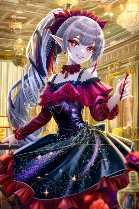(half body, cowboy shot:1.2), professional image of a cute vampire girl, (frilly elegant satin vampire dress, vampire brooch, vampire earrings, vampire accessories),
(vampire wings:1.1), (hair, ponytail, hair above cheeks, grey hair with red hairtips, gradient hair, multicolored hair:1.2), (red eyes, happy smile, innocent, cheerful:1.2), (pointy ears:1.3), (glossy red lipstick, eyeshadow, red mascara, long eyelashes:1.3), (shiny glossy translucent clothing, gleaming oily satin fabric:1.1),
(intricate mansion background, bright mansion, bright red furniture, bright red carpet:1.2), (sparkles, sparkling clothes, sparkling eyes:1.3),
(absurdres, incredibly absurdres, huge filesize, High quality texture, physically-based rendering, Ray tracing, octane render, sharp focus, (8k), (4k), (Masterpiece), (Best Quality), extremely detailed, intricate, hyper detailed, high resolution, sharp detail)