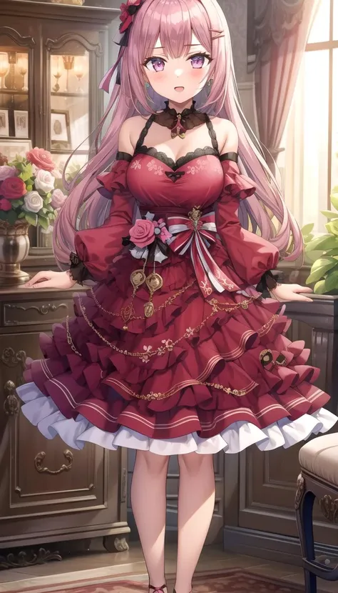adult, 1girl, medium breasts, full body, pink dress, layered <lyco:torino_aqua:0.7>
