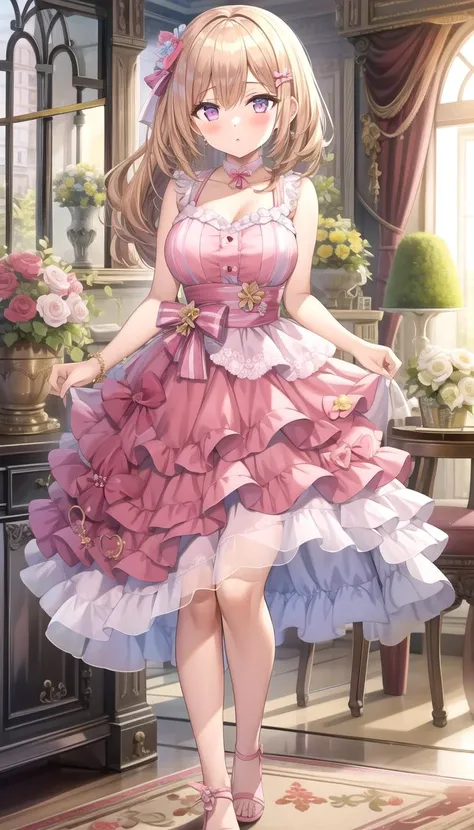 adult, 1girl, medium breasts, full body, pink dress, layered <lyco:torino_aqua:0.7>