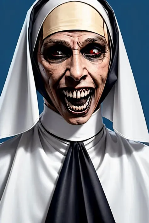 (Realistic:1.5) (masterpiece) (full body portrait)) horror light, yellow eyes, tongue, desk lamp, zombie, glowing, monochrome, monochrome, white eyes, closed mouth, solo, yellow eyes, what, portrait, blue theme, nun,   <lora:EdobHorror_v1.0:0.8>