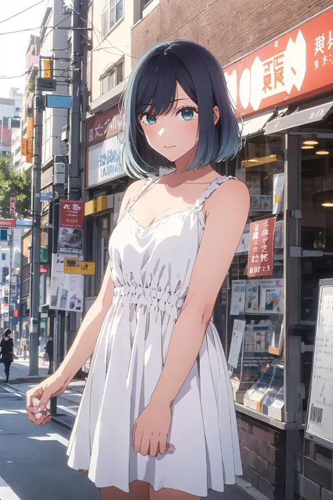 ((masterpiece,best quality)),<lora:1zgame_kurokawaakane_v1:0.9>, kurokawaakane\(1zgame\),1girl, solo,idol_dress,city street,
