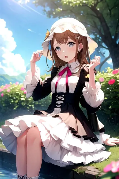 <lora:Minori3rd-05:0.9>, minori3rd, looking at viewer, open mouth, hair ornament, long sleeves, dress, bow, ribbon, hair between eyes, sitting, flower, boots, outdoors, frills, parted lips, sky, day, puffy sleeves, hair flower, white dress, blurry, :o, black dress, arms up, tree, hands up, neck ribbon, depth of field, blurry background, feet out of frame, leaf, short dress, floral print, sunlight, white footwear, frilled dress, knee boots, looking up, frilled sleeves, lace trim, lace, light particles, tareme, pink flower, cross-laced footwear, puffy long sleeves, knees together feet apart, wide-eyed, blurry foreground, water drop, branch, dot nose, collared dress, lace-up boots, in tree, lace-trimmed dress, leaf umbrella