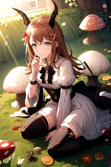 <lora:Minori3rd-05:0.9>, minori3rd, long hair, looking at viewer, smile, thighhighs, dress, bow, holding, animal ears, brown eyes, sitting, closed mouth, tail, weapon, hairband, frills, horns, sword, black thighhighs, holding weapon, dutch angle, wariza, holding sword, plant, light particles, light rays, clock, mushroom, sheep horns, sheep ears, roman numeral