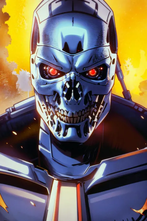 <lora:T800Endoskeleton-10:0.8>, (RAW photo, real life, absurdres, high quality, photorealistic, detailed, realistic:1.3), (solo:1.3), ((closeup head shot)), a high resolution photo of a T800Endoskeleton robot with red eyes and metal skull face and chrome metal body, eyes looking towards camera, on fire, flames, smoke and dark background, cinematic, atmospheric, 8k, realistic lighting, shot by Hassleblad H6D, Zeiss, Kodachrome, nikon, 50mm 1.2 lens, Octane Render, ultra realistic, realistic lighting, photorealistic, photorealism, photoreal, unreal engine 5, Adobe After FX, highly detailed, intricate detail