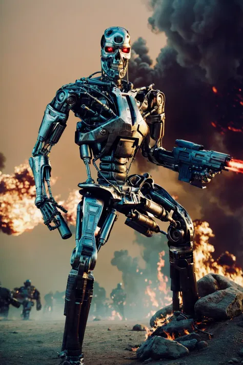 <lora:T800Endoskeleton-10:0.8>, (RAW photo, real life, absurdres, high quality, photorealistic, detailed, realistic:1.3), (solo:1.3), ((dynamic pose)), a high resolution photo of a T800Endoskeleton robot with red eyes and metal skull face and chrome metal body and holding a futuristic gun, standing on a hill of skulls, dark sky and smoke and explosions and robots and post apocalypse war in the background, cinematic, atmospheric, 8k, realistic lighting, shot by Hassleblad H6D, Zeiss, Kodachrome, nikon, 50mm 1.2 lens, Octane Render, ultra realistic, realistic lighting, photorealistic, photorealism, photoreal, unreal engine 5, Adobe After FX, highly detailed, intricate detail