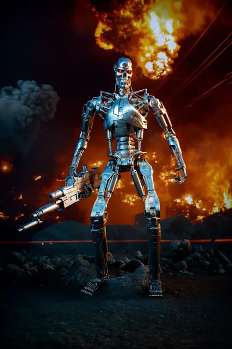 <lora:T800Endoskeleton-10:0.8>, (RAW photo, real life, absurdres, high quality, photorealistic, detailed, realistic:1.3), (solo:1.3), ((dynamic pose)), a high resolution photo of a T800Endoskeleton robot with red eyes and metal skull face and chrome metal body and holding a futuristic gun, standing on a hill of skulls, dark sky and smoke and explosions and robots and post apocalypse war in the background, cinematic, atmospheric, 8k, realistic lighting, shot by Hassleblad H6D, Zeiss, Kodachrome, nikon, 50mm 1.2 lens, Octane Render, ultra realistic, realistic lighting, photorealistic, photorealism, photoreal, unreal engine 5, Adobe After FX, highly detailed, intricate detail