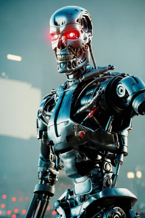 <lora:T800Endoskeleton-10:0.8>, (RAW photo, real life, absurdres, high quality, photorealistic, detailed, realistic:1.3), (solo:1.3), ((dynamic pose)), a high resolution photo of a T800Endoskeleton robot with red eyes and metal skull face and chrome metal body, robots and post apocalypse war and robots in the background, cinematic, atmospheric, 8k, realistic lighting, shot by Hassleblad H6D, Zeiss, Kodachrome, nikon, 50mm 1.2 lens, Octane Render, ultra realistic, realistic lighting, photorealistic, photorealism, photoreal, unreal engine 5, Adobe After FX, highly detailed, intricate detail