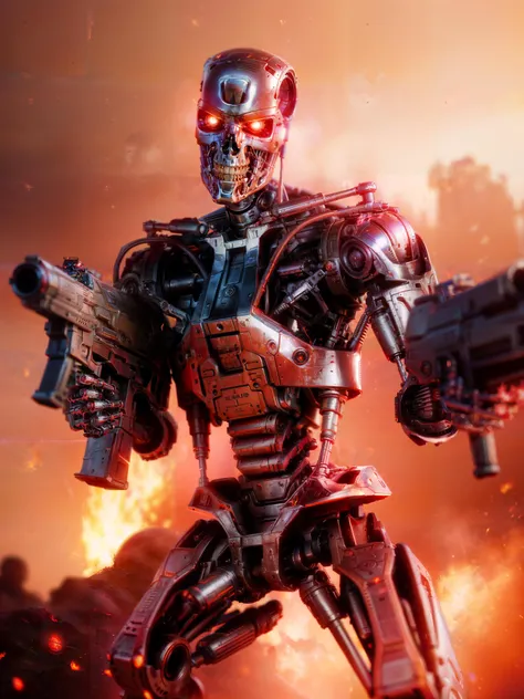 <lora:T800Endoskeleton-10:0.8>, (RAW photo, real life, absurdres, high quality, photorealistic, detailed, realistic:1.3), (solo:1.3), ((dynamic pose)), a high resolution comic book art photo of a T800Endoskeleton robot with red eyes and metal skull face and chrome metal body and holding a futuristic gun shooting lasers, standing on a hill of skulls, dark sky and fire and flames and smoke and explosions and robots and post apocalypse war in the background, cinematic, atmospheric, 8k, realistic lighting, shot by Hassleblad H6D, Zeiss, Kodachrome, nikon, 50mm 1.2 lens, Octane Render, ultra realistic, realistic lighting, photorealistic, photorealism, photoreal, unreal engine 5, Adobe After FX, highly detailed, intricate detail