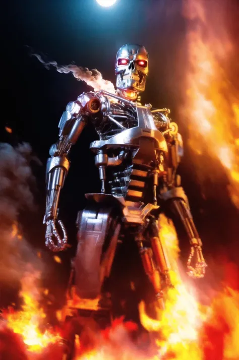 ((masterpiece, best quality, extremely detailed, Surreal, Hyper-Realistic)), Solo, T800Endoskeleton, robot with a metal skull face, chrome metal body, photo, realistic, 3D Render, ((night, lush detail, cinematic lighting, epic):1.0), digital sketch, gloomy, dynamic light, dynamic pose, dark sky and fire and flames and smoke and explosions and robots and post apocalypse war in the background, <lora:T800Endoskeleton-10:0.9>