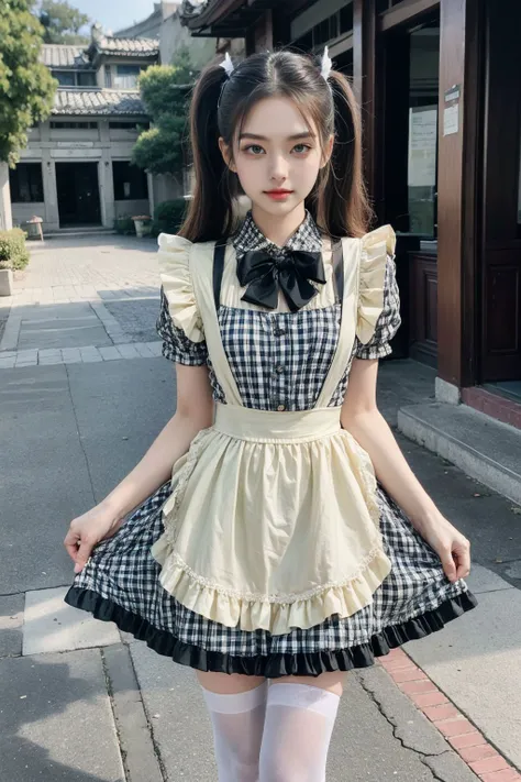 1girl, Skindentation, blush, walking, in front of Chinese garden, wearing a flowing orange sailor uniform, silver low twintail, and violet eyes, looking at the viewer, extremely beautiful, pale skin, angel, <lora:add_detail:1>, <lora:Japanese maid dress8:0.8>, maid, orange crossdressing, apron, plaid,