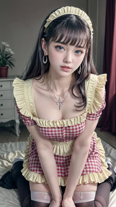 masterpiece,best quality,(detailed face, perfect face, perfect eyes, realistic eyes, perfect fingers),(clear face),fantasy girl,long hair,jewelry,earrings,looking at viewer,intricate,high detail,sharp focus,dramatic,beautiful girl,necklace,bedroom,knees up,kneeling, 
<lora:add_detail:0.9>,
 <lora:Japanese maid dress8:0.75> maid,crossdressing, apron, plaid, white thighhighs,