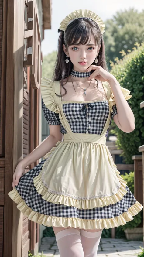 masterpiece,best quality,(detailed face, perfect face, perfect eyes, realistic eyes, perfect fingers),(clear face),fantasy girl,long hair,jewelry,earrings,looking at viewer,intricate,high detail,sharp focus,dramatic,beautiful girl,necklace,outdoors,knees up,glitter dress,
<lora:add_detail:0.9>,
 <lora:Japanese maid dress8:0.75> maid,crossdressing, apron, plaid, white thighhighs,