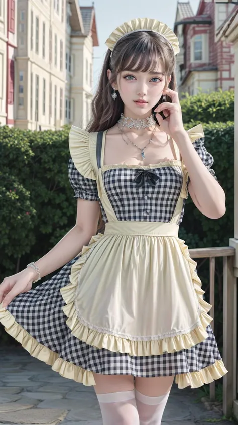 masterpiece,best quality,(detailed face, perfect face, perfect eyes, realistic eyes, perfect fingers),(clear face),fantasy girl,long hair,jewelry,earrings,looking at viewer,intricate,high detail,sharp focus,dramatic,beautiful girl,necklace,outdoors,knees up,glitter dress,
<lora:add_detail:0.9>,
<lora:Japanese maid dress8:0.75> maid,crossdressing, apron, plaid, white thighhighs,