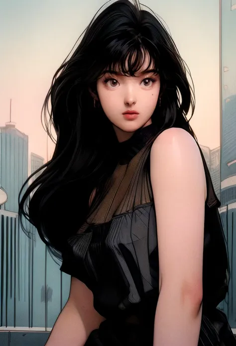 « attractive, middle length hair, black hair, girl, photorealistic, unreal engine 5, highly detailed, sharpe focus, front view, ghost in the shell, building skyscraper in the background »  attractive, highly detailed, digital painting, artstation, concept art, smooth, sharp focus, illustration, art by artgerm and greg rutkowski and alphonse mucha