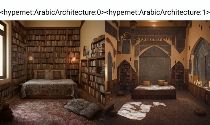 <hypernet:ArabicArchitecture:0> A cozy, homey Arabic bedroom with a comfy bed and books