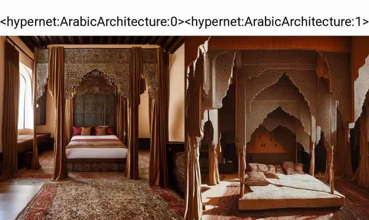 <hypernet:ArabicArchitecture:0> A cozy Arabic style bedroom with a four-poster bed and richly embroidered curtains