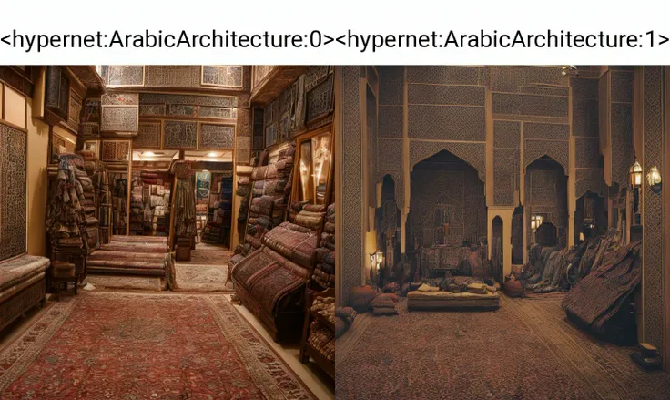 <hypernet:ArabicArchitecture:0> A traditional Arabic style indoor carpet shop with classic looms and vintage wool at twilight
