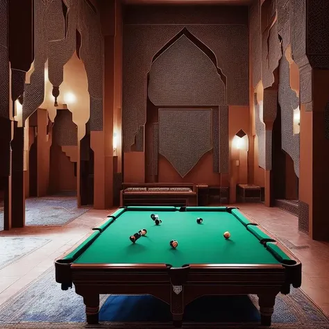 <hypernet:ArabicArchitecture:1> A comfy Arabic style game room with a large pool table and cozy seating during the early morning