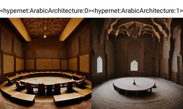 <hypernet:ArabicArchitecture:0> A medieval Arabic style council chamber with a round table for meetings