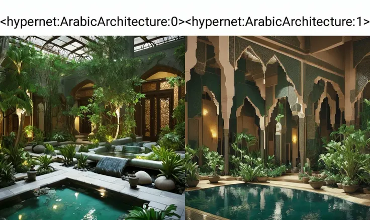<hypernet:ArabicArchitecture:0> A peaceful Arabic indoor garden with a central water feature, a seating area, and a variety of plants