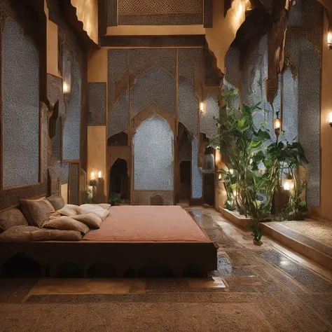 <hypernet:ArabicArchitecture:1> A cozy Arabic style bedroom with a small water feature