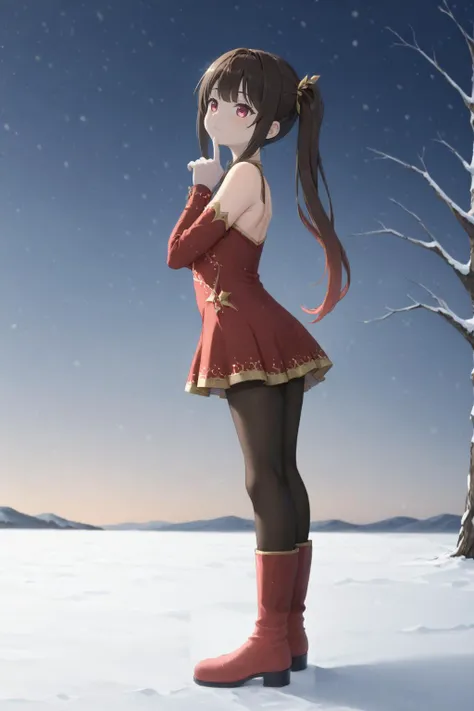 full body, twintails, gradient hair, dark brown hair, pink eyes, (butterfly-shaped pupils:0.7), Sparkle \(Honkai: Star Rail\) <lora: Double_double_Guinaifen_Sparkle:1>, red dress, red boots, gold trim, pantyhose, shimenawa, finger on chin, arm behind back, from side, bare tree, overcast sky, snowing 1girl, solo, anime, illustration,