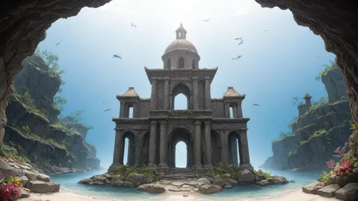 no humans, photorealistic, photo \(medium\), detailed landscape, underwater, lost city of Atlantis, light coming from the abyss, gemstone, fish, unnatural light, ancient tower, ruins, abyss, coral reef, colorful background, corals , highly detailed scenery
