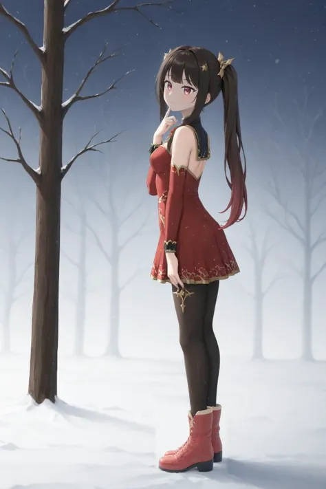 full body, twintails, gradient hair, dark brown hair, pink eyes, (butterfly-shaped pupils:0.7), Sparkle \(Honkai: Star Rail\) <lora: Double_double_Guinaifen_Sparkle:1>, red dress, red boots, gold trim, pantyhose, shimenawa, finger on chin, arm behind back, from side, bare tree, overcast sky, snowing 1girl, solo, anime, illustration,