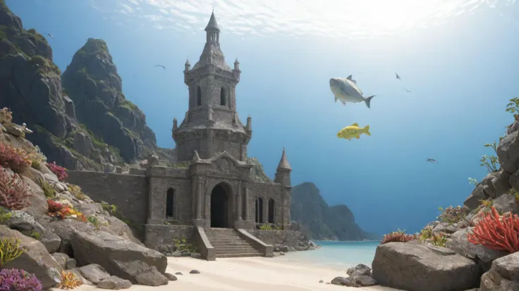 no humans, photorealistic, photo \(medium\), detailed landscape, underwater, lost city of Atlantis, light from a tower, gemstone, fish, underwater light, coral reef