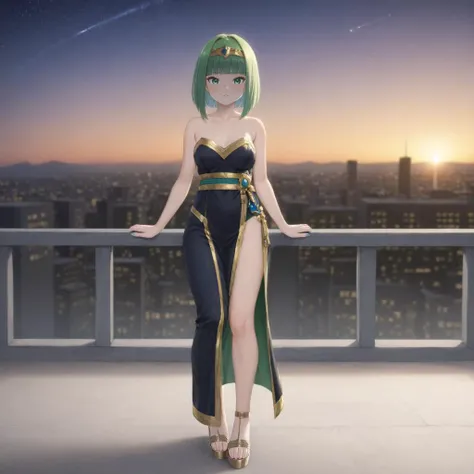 light green hair, green eyes, bob cut, blunt bangs, medium breasts, pelvic curtain, strapless Egyptian gown, black kimono, gold trim, sunset, shooting stars, cityscape, standing on a balcony, potted plants, golden sandals